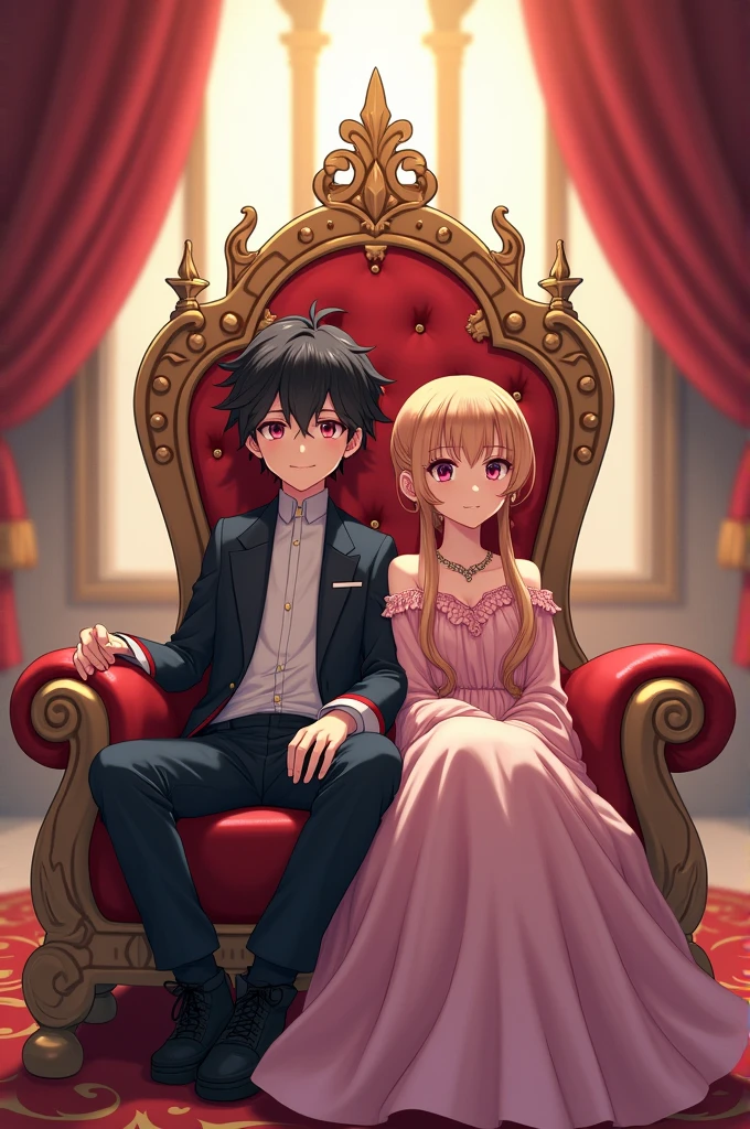 A 17 year old anime boy sits on the king's throne and a sits on the queen's throne next to him. Risal in English above the boy's head and Abida in English above the girl's head