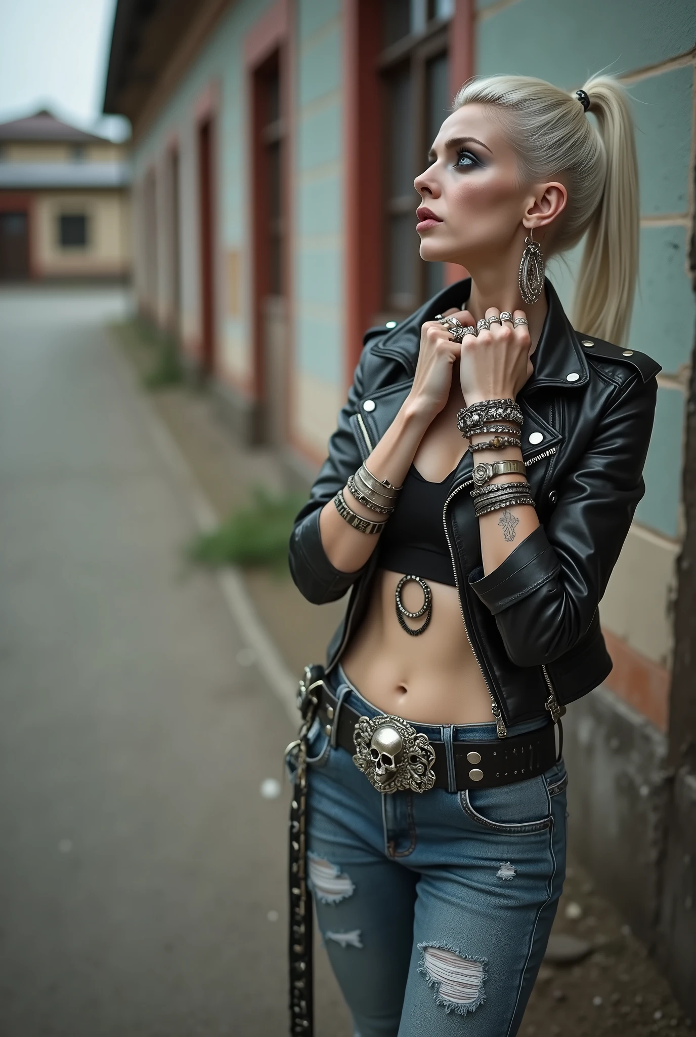 russian old milf woman, biker gang member, platinum hair (ponytail with shaved sides), with very light blue eyes, extremely pale, heavy eye shadows.. without bandana. Thin. Sad, humbled face. Wearing black moto jacket with side and sleeve pockets with zippers. Black push up bra, skinny dark blue jeanswith holes and white tennis sneakers. Lots of metallic bracelets. Tacky wide belt with massive skull and bones buckle . Both hands caress her neck. Lots of rings. Wide loop earrings. Looks up with amazement because she thinks God is talking to her, mouth and eyes open.