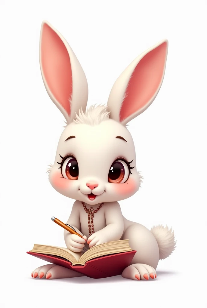 Female rabbit cartoon character ,Cute Sexy,Write a book,White background, white rabbit, Has prominent breasts