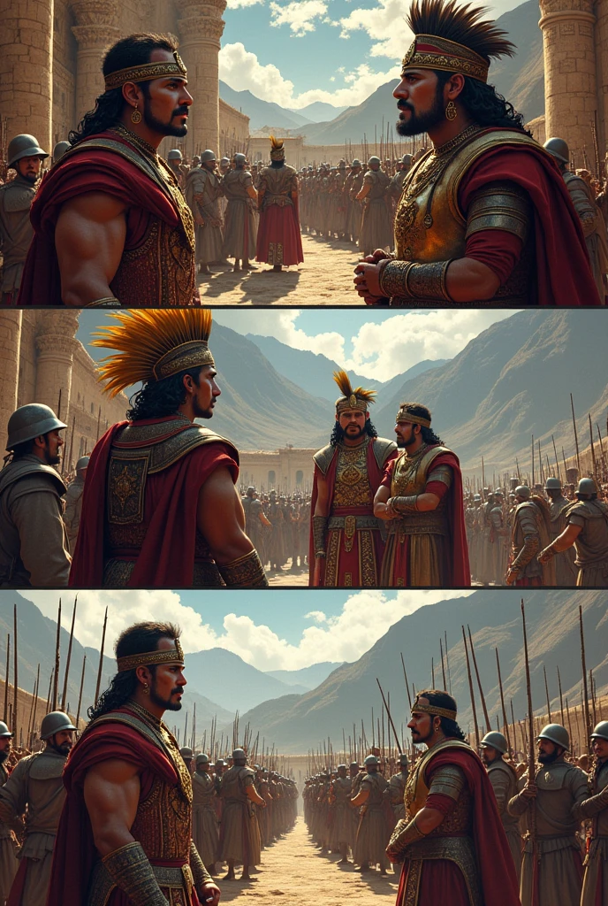 Here are 10 prompts structured according to your request:
1. **Characters**: Huayna Cápac y sus hijos Huáscar y I knowalpa **Epic Description**: a tense scene **outfit**: Inca imperial clothing with feathers and gold **place**: in a royal hall in Cusco **action**: They discuss the succession to the throne **bottom**: stone walls and Inca decorations **Flat**: foreground **style**: Comic, hyper-ancient, prototype realism, cinematography.
2. **Characters**: Francisco Pizarro y I knowalpa **Epic Description**: a crucial confrontation **outfit**: Spanish armor and Inca royal attire **place**: in the square of Cajamarca **action**: Pizarro captura a I knowalpa **bottom**: Spanish troops and Inca warriors surrounded by mountains **Flat**: Medium shot **style**: Comic, hyper-ancient, prototype realism, cinematography.
3. **Characters**: Inca warriors and Spanish soldiers **Epic Description**: a fierce battle **outfit**: Spanish armor and Inca battle suits **place**: on the slopes of a mountain **action**: They fight with swords and spears **bottom**: Andean mountains under a cloudy sky **Flat**: plano general **style**: Comic, hyper-ancient, prototype realism, cinematography.
4. **Characters**: Not even Inca **Epic Description**: leading a desperate resistance **outfit**: Inca leader's armor and attire **place**: in the ruins of Vilcabamba **action**: defends his position with determination **bottom**: Inca ruins shrouded in mist **Flat**: foreground **style**: Comic, hyper-ancient, prototype realism, cinematography.
5. **Characters**: Inca chasquis **Epic Description**: They run with urgent messages **outfit**: traditional clothes of Inca runners **place**: along the Inca Trail **action**: Deliver crucial messages during the civil war **bottom**: mountain landscape with a cobblestone road **Flat**: Medium shot **style**: Comic, hyper-ancient, prototype realism, cinematography.
6. **Characters**: I know