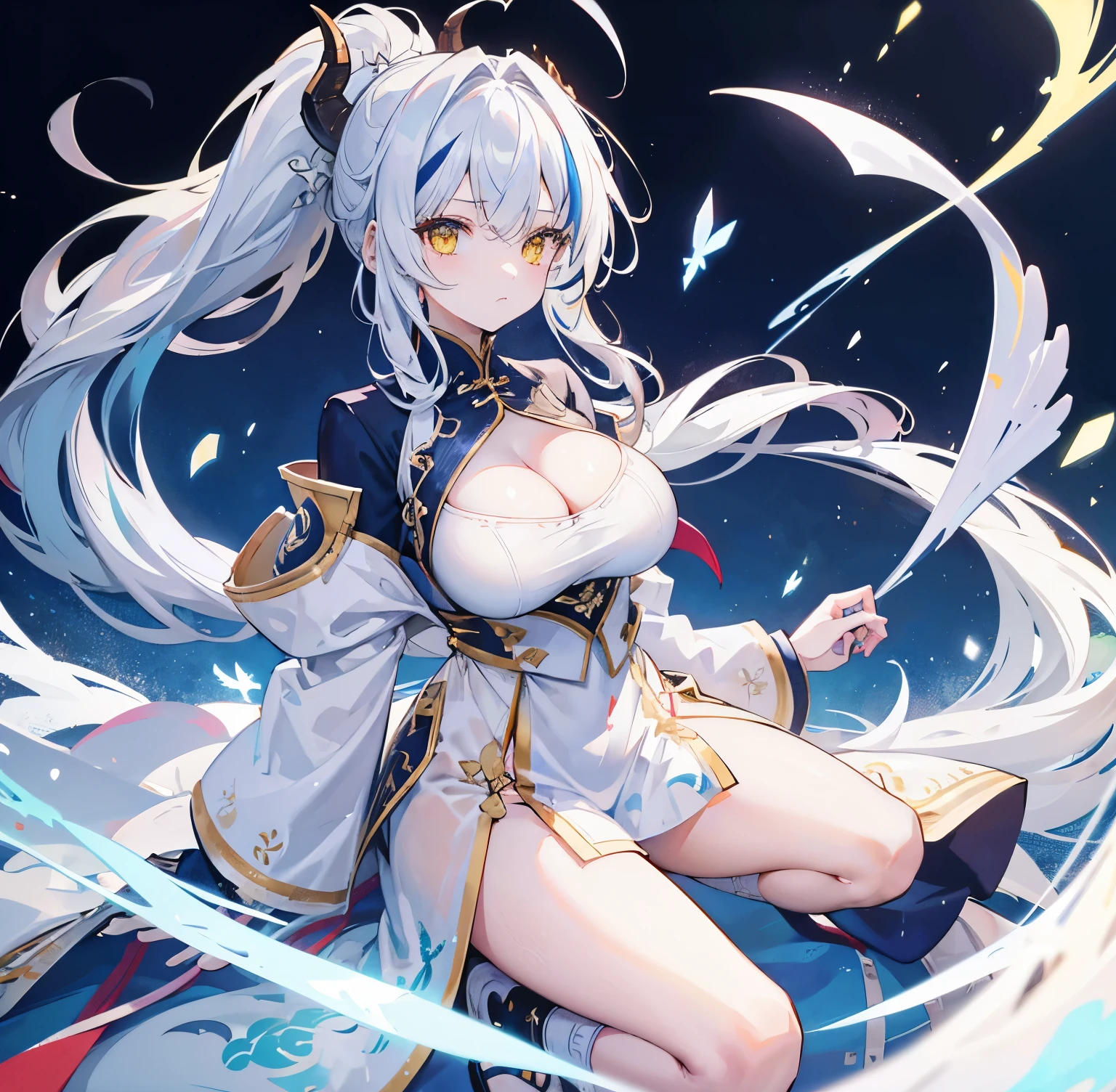 1 girl, drop shadow, tachi-e, atmospheric perspective, 8k, super detail, best quality, UHD, anatomically correct,(bule huge ahoge),(yellow eyes),(clear and beautiful eyes：1.44),white hair, ponytail, huge ahoge, cleavage breasts,(bule clothes:1.444),(light bule gems),solo,black Dragon Tail,color contact lenses, streaked hair,white dragon horns