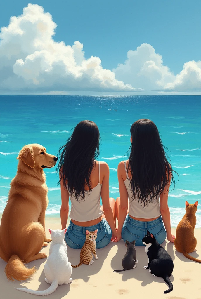 a drawing of two Brazilian women with black hair sitting looking at the sea with seven cats of different breeds and a large golden retriever dog sitting next to them