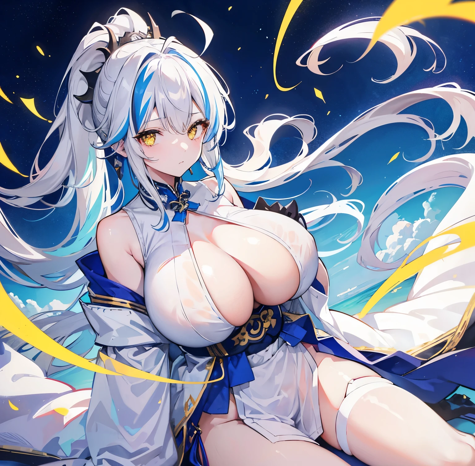 1 girl, drop shadow, tachi-e, atmospheric perspective, 8k, super detail, best quality, UHD, anatomically correct,(bule huge ahoge),(yellow eyes),(clear and beautiful eyes:1.44),white hair, ponytail, huge ahoge, cleavage breasts,(bule clothes:1.444),(light bule gems),solo,black Dragon Tail,color contact lenses, streaked hair,white dragon horns