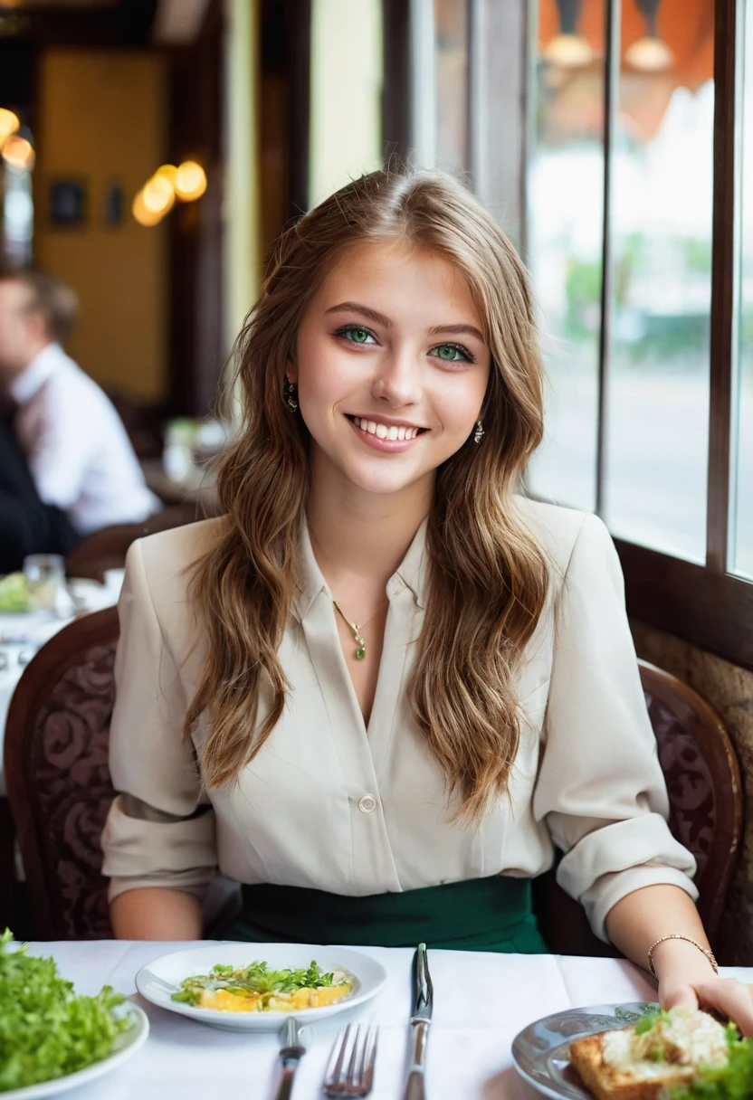 a 22-year-old-girl, piercing green eyes, lightBrown hair, captivating smile, in formal clothes, having lunch in a restaurant.