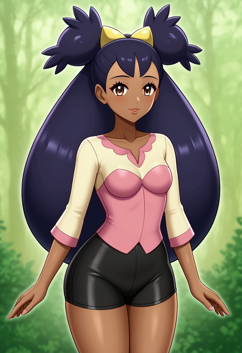 1 girl, iris_(pokemon), alone, dark-skinned woman, long hair, dark_skin, brown_eyes, big_hair, purple_hair, very_long_hair, bun, bangs, bow at the waist, ((ultra quality)), ((masterpiece)) , Pokémon, (beautiful cute face), (beautiful feminine lips), charming, ((sexy facial expression)), looks at the camera, eyes slightly open, (blue skin), shine on the body, ((beautiful detailed feminine eyes )), (juicy female lips), (black eyeliner), (beautiful female hands), ((ideal female figure)), ideal female body, beautiful waist, wide hips, curves, beautiful thighs, beautiful small breasts, ( (subtle and beautiful)), lies tantalizingly (close-up of face), (clothing, tight black shorts, shinobi clothing from Hidden Leaf Village) background: Hidden Leaf Village, ((depth of field)), ((image clear high quality)), (clear details), ((high detail)), professional and realistic photo shoot, ((clear focus)), anime