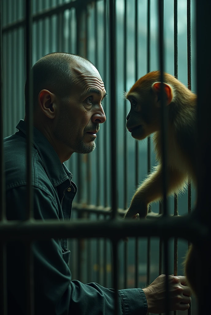 a caged human, a monkey visiting a human in the zoo, highly detailed, intricate, hyper-realistic, 8k, detailed facial features, photorealistic, dramatic lighting, moody atmosphere, gritty, grungy, cinematic composition, masterpiece