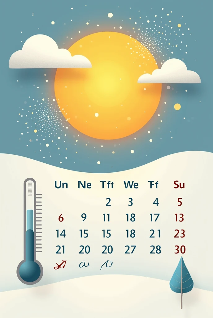 Imagine a calendar with a section for “Weather” showing a picture of a bright sun and snow, representing long-term patterns. from beside, draw a thermometer and a cloud with rain for “Weather”, illustrating daily changes and variables.