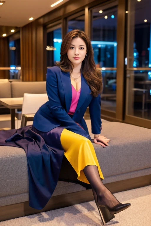 blazer、Business Blouse、(Colorful long skirt:1.3)、((Full Body Portrait))、(silk pantyhose)、Sitting、(Both legs and high heels look beautiful.)、1 girl、(Perfect Anatomy, Perfect body, Perfect hands, Perfect Face, Perfect Eyes, Accurate, Anatomically correct), Perfectly clear and sharp focus, Modern architecture at night on the background、Professional Lighting、(Large Breasts)、(Highest quality、Ultra-high resolution、masterpiece)