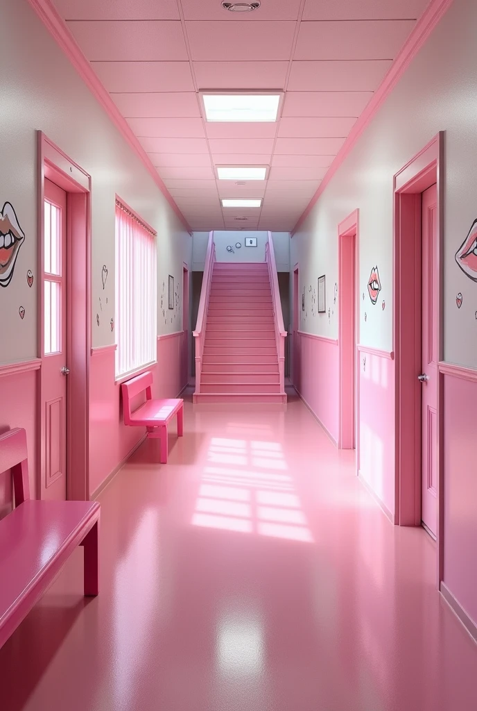 (photorealism:1.2)
Inside an empty pink and white classic school hallway second floor of a pink classic school, Along the hallway there are some classic school pink open doors of the different classrooms,
At the right hand side of the hallway there's a wide pink school stairway coming up from the school first floor, there are many drawings of 💋 can be seen on the walls, A long pink bench along the hallway,
View: Below the shoulder perspective photo,
high resolution, masterpiece, best quality, intricate details, highly detailed, Hiperrealistic
