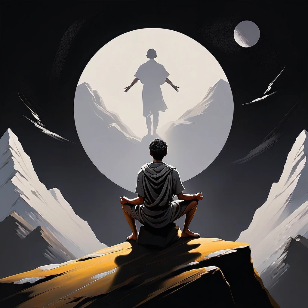 read with understanding "stoic leap" paint on a black background in white, facial expression A person sitting in a meditative position on a mountaintop, looking into the distance. The figure is shadowed, and in the background be creative