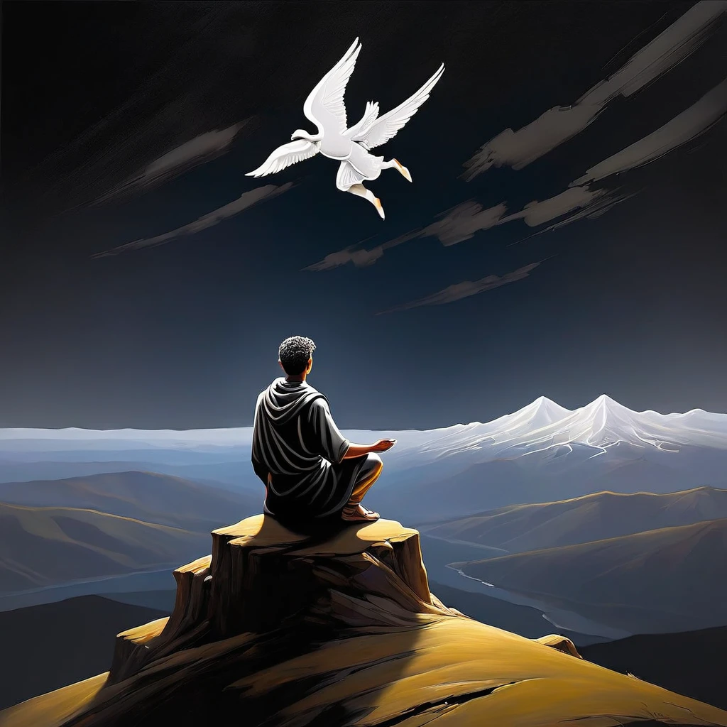 read with understanding "stoic leap" paint on a black background in white, facial expression A person sitting in a meditative position on a mountaintop, looking into the distance. The figure is shadowed, and in the background be creative