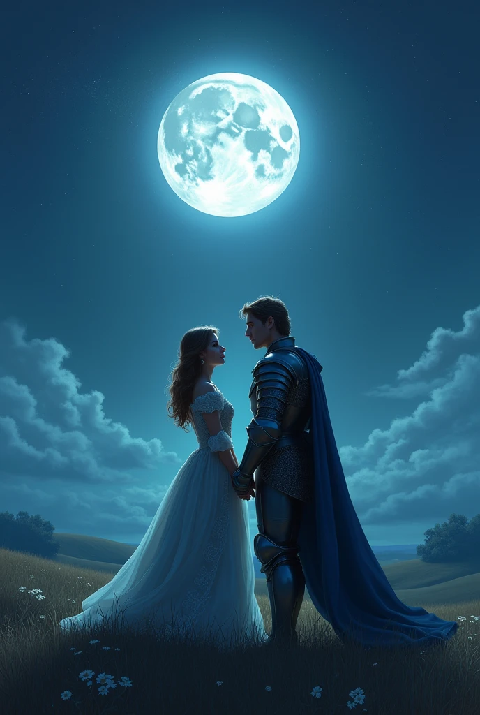 Dame and knight together on a moon night looking at the moon 