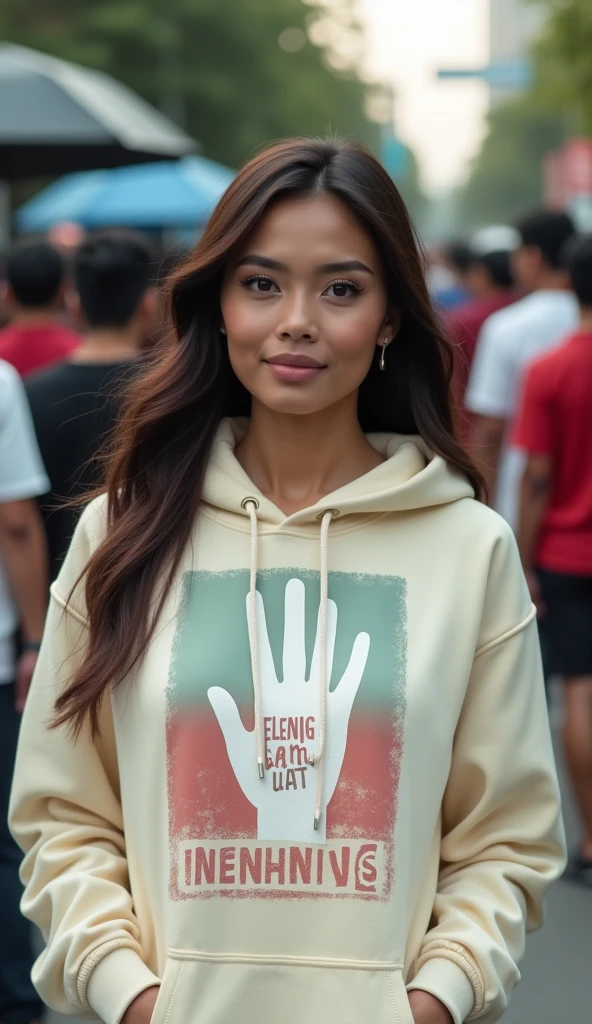 A indonesian pretty woman, wearing a cream hoodie with a strong vector design featuring a silhouetted image of a five-fingered palm in white colour with love and light. The phrase "ELENG LIMO WAKTU" is displayed in bold, distressed typography with pastel colours, while holding her hoodie, hijab, in a public place, surrounded by many men, big and sexy breasts, jav idol, with a frontal shooting angle, very realistic, (complex detail: 0.9), (hdr, hyperdetail: 1.2), RAW, Sony Alpha a9 II, 24-105mm f/4, HDR,