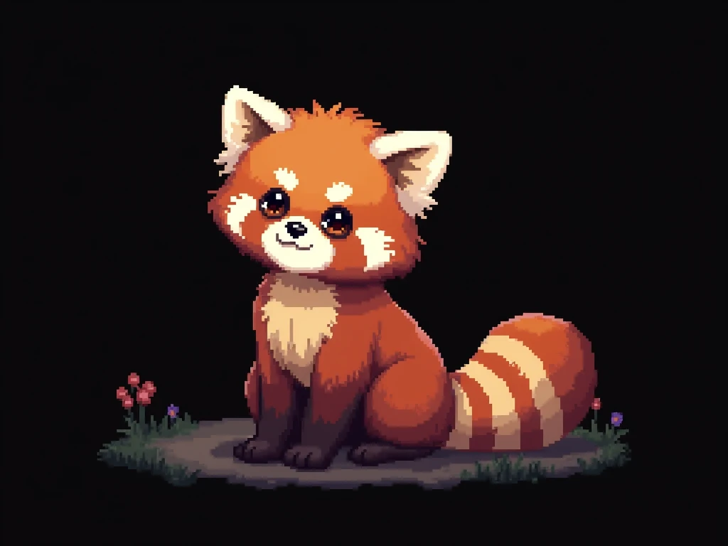 Pixel art, 16-bit style, 256x256, limited color palette, cute, small, red panda, sitting pose, looking directly at the viewer, playful expression, fluffy tail curled around its body, big ears, dark brown eyes, black nose, black background. (Generate a 16-bit style pixel art image of a cute, small red panda sitting in a playful pose. The red panda should be looking directly at the viewer with a playful expression. Its fluffy tail should be curled around its body. The red panda should have big ears, dark brown eyes, and a black nose. The image should be 256x256 pixels and use a limited color palette. The red panda should be positioned in the distance, giving the impression of being far away, with a smaller size and less detail than if it were closer. The background should be completely black.)