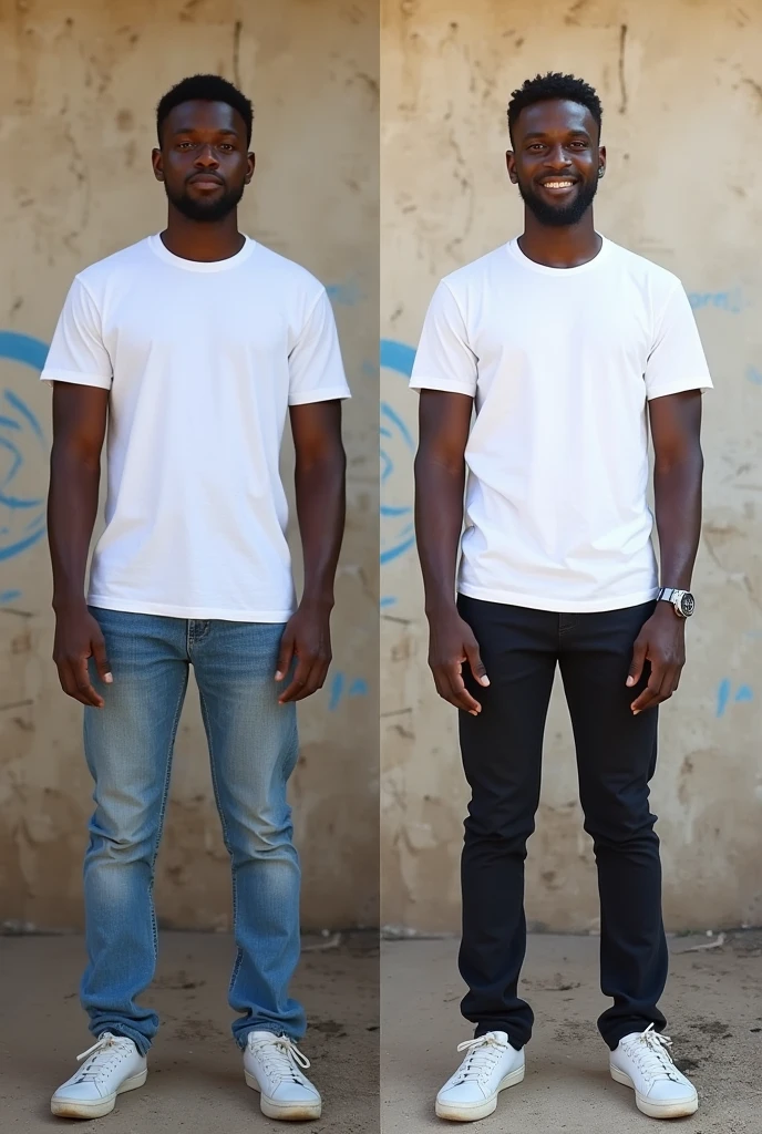 Create a split-image of the same light skinned 21 years old Ethiopian man shown side by side against a messed up wall as a background to illustrate a before and after transformation. In the 'before' image on the left, depict the man as shorter and wearing a plain white T-shirt and jeans. In the 'after' image on the right, show the same man taller, with no change in physique, wearing the same white T-shirt but with casual pants instead. Both images should have the man smiling and looking directly at the camera, with a noticeable difference in height and little difference on presence. The background should be the same for both pictures and minimalist with natural lighting, highlighting the transformation. Make the picture realistic