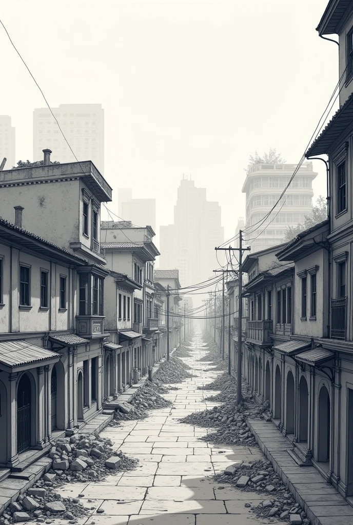 A colorless illustrated image of Colombia's independence and its aftermath showing Colombia after independence rebuilding itself. Houses collapsed, wider streets with more houses destroyed, older houses and a much larger city.
