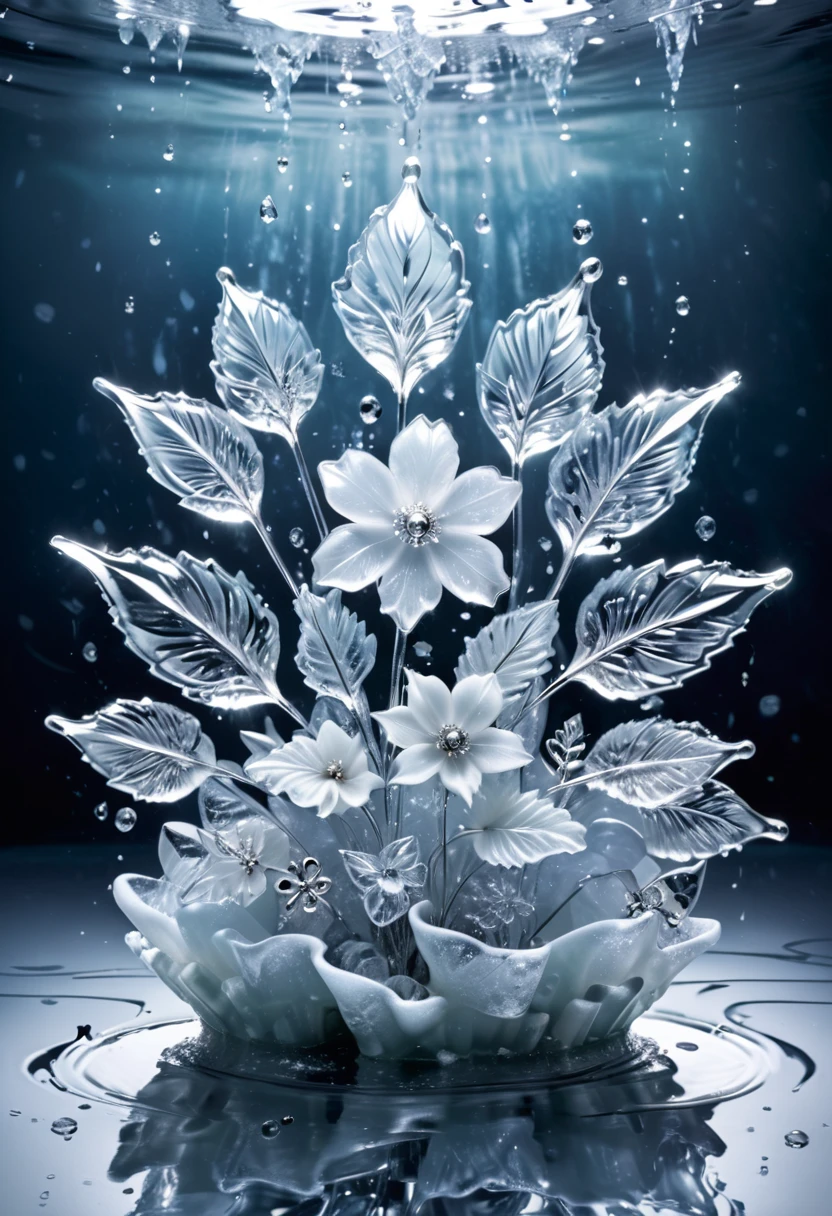 Ice sculpture in flower shape, in the water, bright background, studio lighting,romantic style, glass-like sculptures, frozen movement，high details,expensive style,pop style, high details white and silver tone
