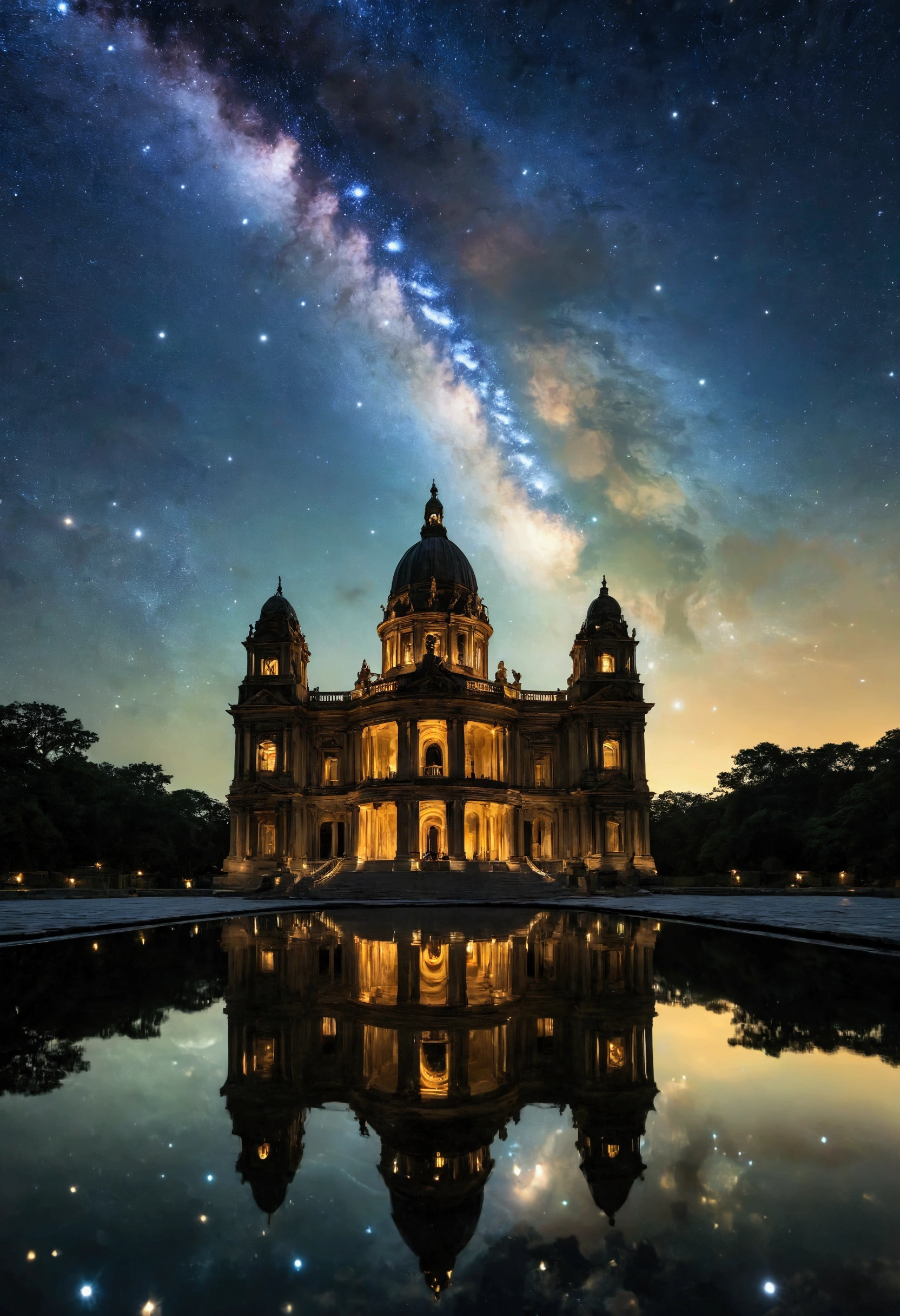 Capture an award-winning, ultra-realistic photograph of a beautiful monument build entirely by glass in the night. The beautiful monument build entirely by glass is flawless, creating a smooth, mirror surface that reflects the luminous stars in the clear night sky above. The composition should give the impression that the beautiful monument build entirely by glass is the continuation of starry night sky, as if the beautiful monument build entirely by glass also host the heavens. The clear, crisp air of the night enhances the serenity of the scene, with the soft glow of the stars casting a subtle, ethereal light on the glass surface. The reflection is so perfect that it blurs the line between the sky and the beautiful monument build entirely by glass , creating a surreal, dreamlike atmosphere. The overall image should evoke a sense of tranquility and wonder, capturing the beauty of both the the night sky and the reflection in a harmonious, breathtaking composition.