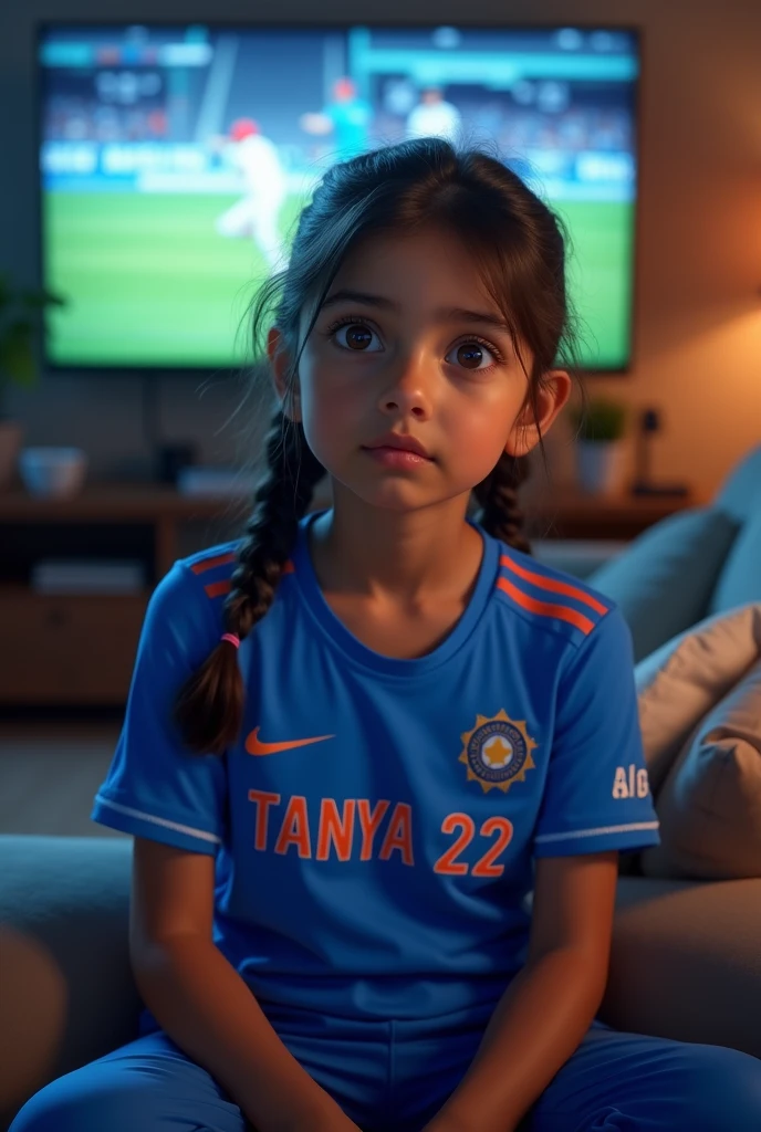A girl wearing the indian cricket team jersey with named it as tanya 22 is watching a cricket match on television