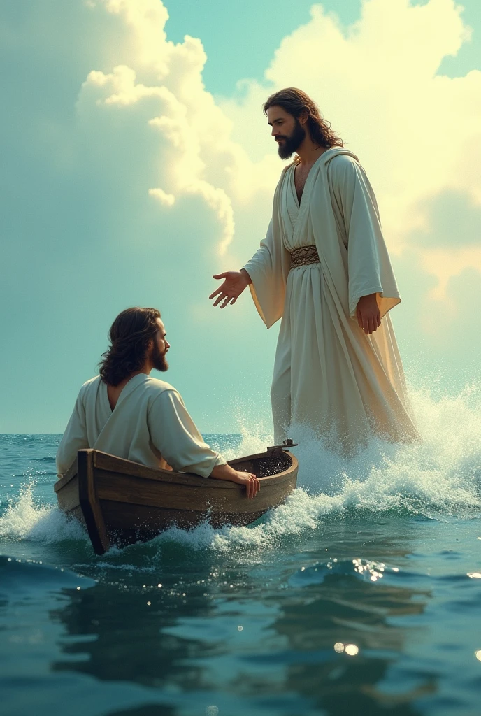 An image of a boat with Peter inside and Jesus calling him to walk on the water