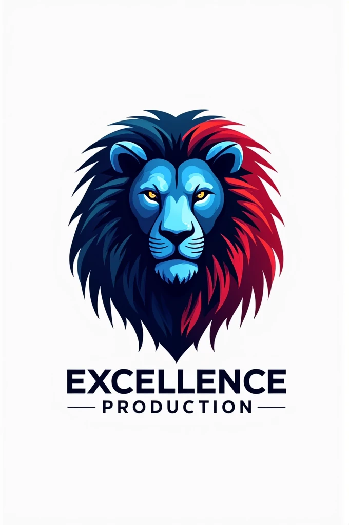 un logo sur le nom de excellence production avec un lion de couleur bleu et rouge 