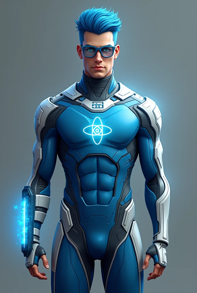 The Hero **smart** is a white man with short, vibrant blue hair. His tech suit is predominantly metallic blue., body-hugging with silver accents and an atom emblem on the chest. He wears technological glasses with transparent lenses that project data and a bracelet on his left wrist that serves as his main gadget.. With clear blue eyes and a confident posture, o smart está sempre focado em criar invenções e estratégias para enfrentar seus desafios. Make the full body image
