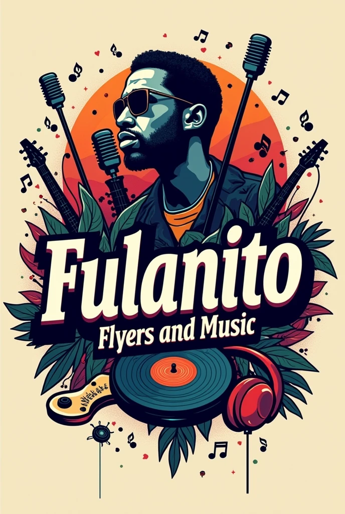 - **Text "Fulanito"**: Placed in the center, with a modern and striking font.
- **Musical genres**: Represented with icons or small graphics surrounding the main text, including musical notes, guitars, microphones, vinyls, headphones, etc.
- **Text "Flyers and music"**: Integrated into the bottom of the logo or into a banner surrounding the main design.
I will create a design based on this description. One moment please.