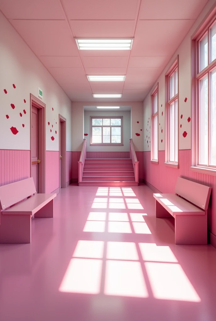(photorealism:1.2)
Inside an empty pink and white classic school hallway second floor of a pink classic school, Along the hallway there are some classic school pink open doors of the different classrooms,
At the right hand side of the hallway there's a wide pink school stairway coming up from the school first floor, there are many drawings of 💋 can be seen on the walls, A long pink bench along the hallway,
View: Below the shoulder perspective photo,
high resolution, masterpiece, best quality, intricate details, highly detailed, Hiperrealistic