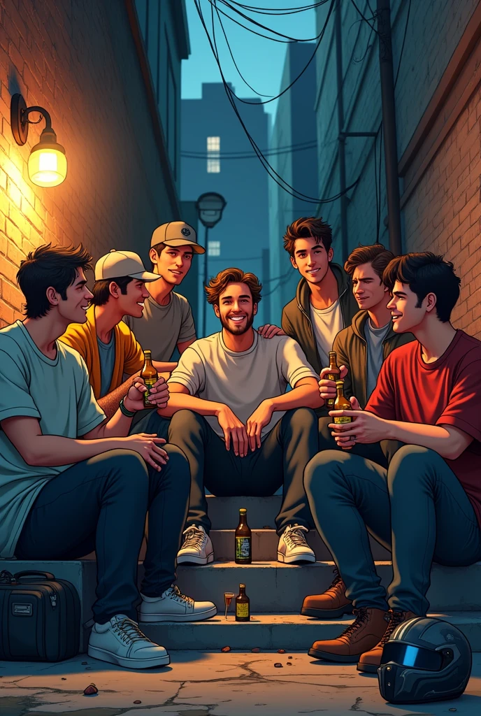Make me an animated image of 7 male friends sitting on stairs drinking beers in an alley with a motorcycle helmet on the ground