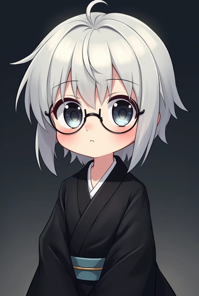Cutie stick Chibi boy anime short white hair round glasses black kimono straight hair dark background fair skin mature face shading