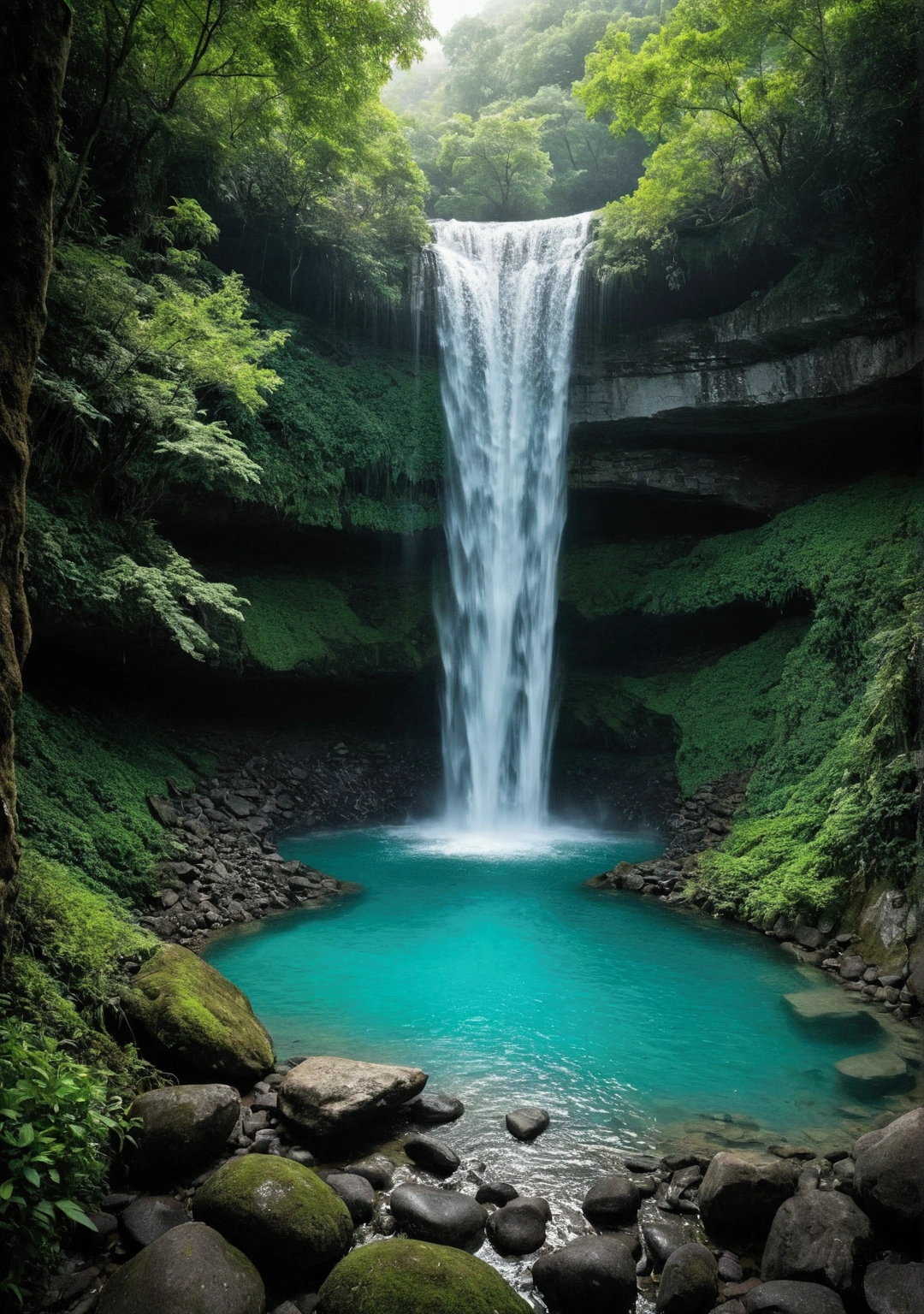 The Tyndall effect occurs when sunlight shines through leaves，Like a scene from a game，The waterfall falls from the cliff，There is a deep green pool under the waterfall.，Water is flowing，The water is clear and you can see many transparent pebbles，The water is turquoise，Makes people look cool，Photographing under a waterfall，Very fresh and natural，Emerald green, clear gray tone,The Rule of Thirds，Maximum resolution，All the details can be seen clearly，4K
