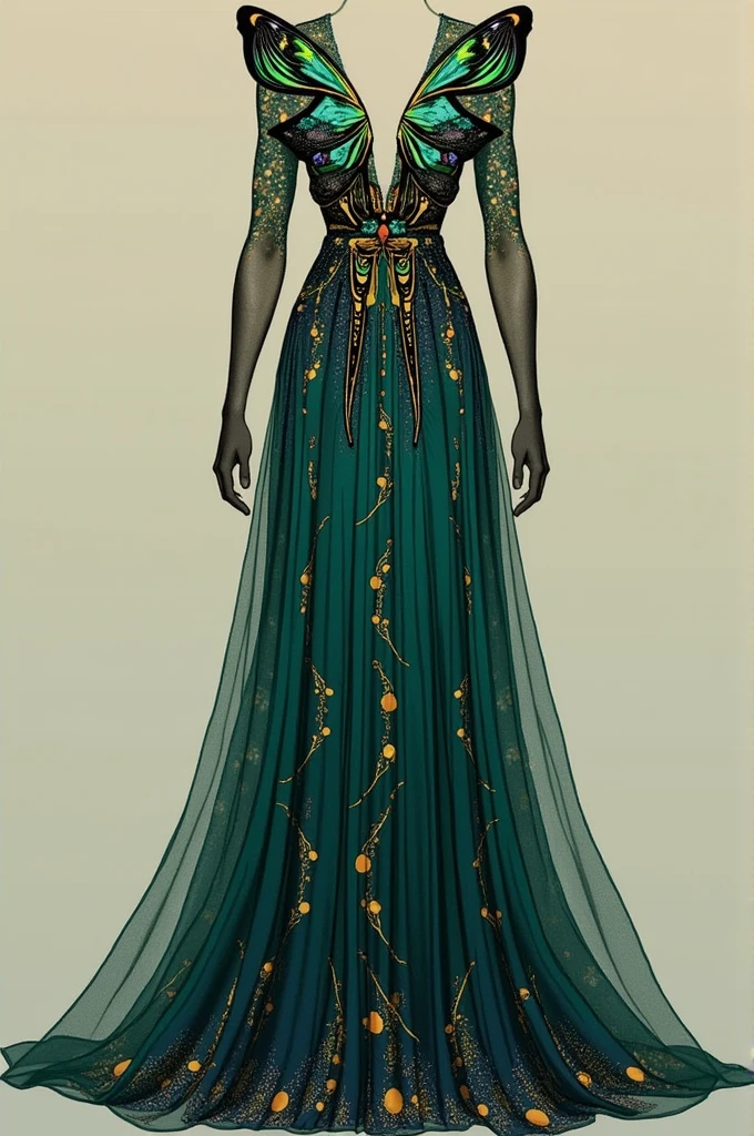 Let's create a dress inspired by the beautiful butterfly Parides proneus, known for its vibrant colors and stunning patterns!
**ful dressed "Parides Proneus Butterfly":**
1. **silhuette:** A long, flowing dress, that evokes the lightness and elegance of butterfly wings. An A-cut would be perfect, allowing movement and fluidity.
2. **colors:** The main colors of the dress would be an intense green and a deep blue., reflecting the iridescent colors of the wings of Parides proneus. Touches of yellow or orange can be used as accents..
3. **print:** The dress may have a print that imitates the pattern of butterfly wings., with geometric shapes and spots that recall natural beauty. A subtle print can be applied to the entire dress or just to specific areas., like the bottom or on the sleeves.
4. **detaileds:** To give a special touch, you can include a waist band in a metallic tone (like gold or silver) to accentuate the silhouette. Small details in embroidery or applications that imitate the textures of the wings can be added..
5. **sleeveless:** sleeveless longas e levemente transparentes, made of a lightweight fabric such as chiffon or organza, can create an ethereal effect, similar to the delicate movement of butterfly wings.
6. **neckleace:** A soft V-neckline that enhances the décolletage and elongates the neck, bringing a touch of sophistication.
7. **Accessories:** Para complementar o look, butterfly-shaped earrings or earrings with stones that imitate the colors of the dress can be a great choice. A clutch in a neutral or metallic tone would balance the look..
8. **shoes:** Delicate sandals in a nude tone or in a color that matches the details of the dress would complete the look with elegance..