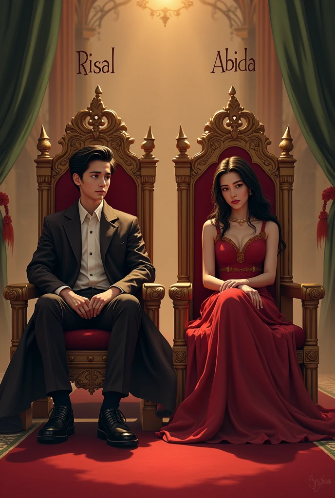 A 17-year-old boy sits on the king's throne and a sits on the queen's throne next to him. Risal in English above the boy's head and Abida in English above the girl's head