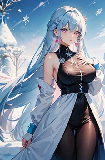 Anime, woman, long hair, pale blue hair, pink eyes, cool, earrings, big boob, wearing a black dress, beautiful, elegant, pure, fantasy, ice, snowflake, snow land,