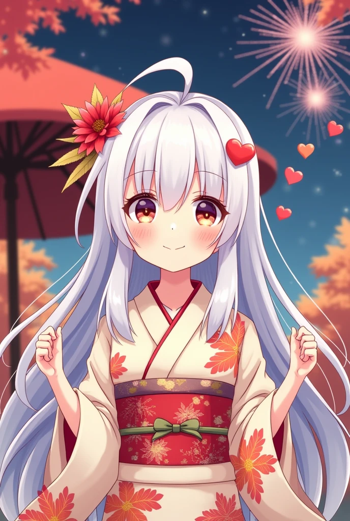 Anime illustration icon, cute white hair, older sister, kimono with a large red heart sticker and a set of smaller heart stickers on the upper right of it on her right cheek, Japanese umbrella background, autumn leaves, lots of fireworks, night