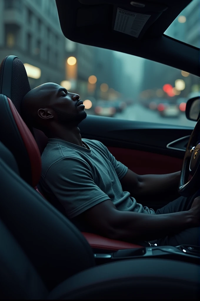 A dark-skinned man sleeping in a Lamborghini 
