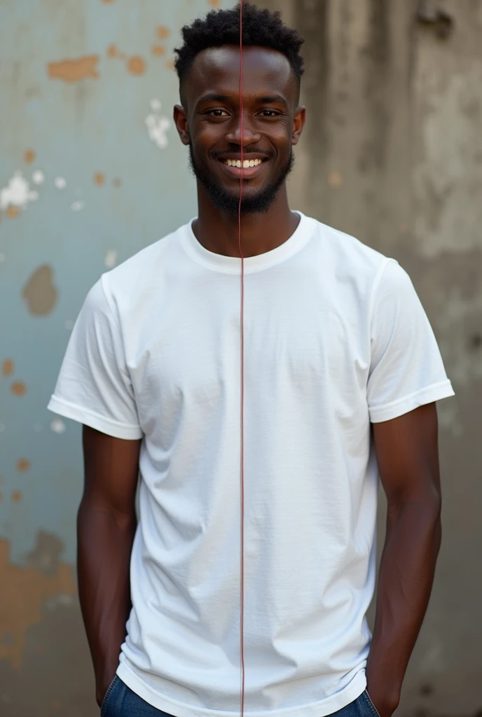 Create a split-image of the same light skinned 21 years old Ethiopian man shown side by side against a messed up wall as a background to illustrate a before and after transformation. In the 'before' image on the left, depict the man as shorter and wearing a plain white T-shirt and jeans. In the 'after' image on the right, show the same man taller, with no change in  physique, wearing the same white T-shirt but with casual pants instead. Both images should have the man smiling and looking directly at the camera, with a noticeable difference in height and little difference on presence. The background should be the same for both pictures and minimalist with natural lighting, highlighting the transformation. Make the picture realistic 