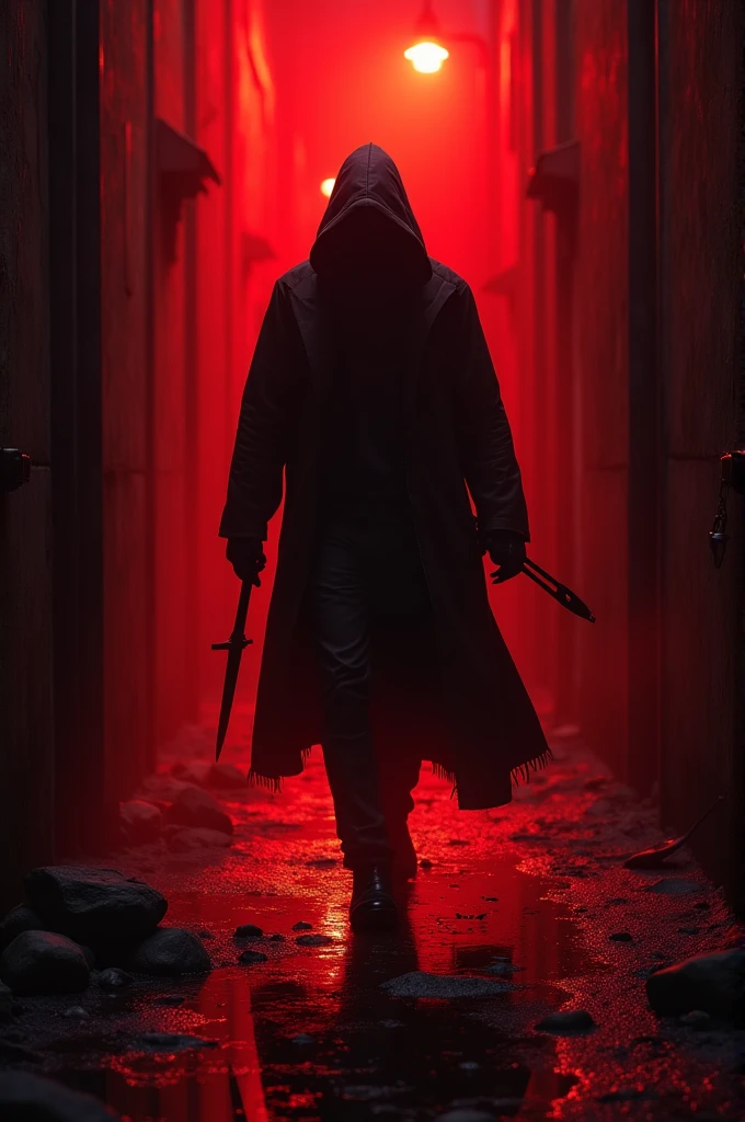 Here's a prompt based on the image:
"Amidst the ominous glow of a blood-red alley, a shadowy figure draped in a hooded trench coat strides forward, the gleam of a sinister tool clutched tightly in one hand. The crimson light bathes the scene in an eerie atmosphere, reflecting off the wet, grimy ground, and casting long, menacing shadows that obscure the figure's face entirely. The alley walls close in, suffocating, as the air grows thick with tension. The figure's hidden eyes burn with purpose, unseen yet deeply felt, as they advance towards their unknown destination."