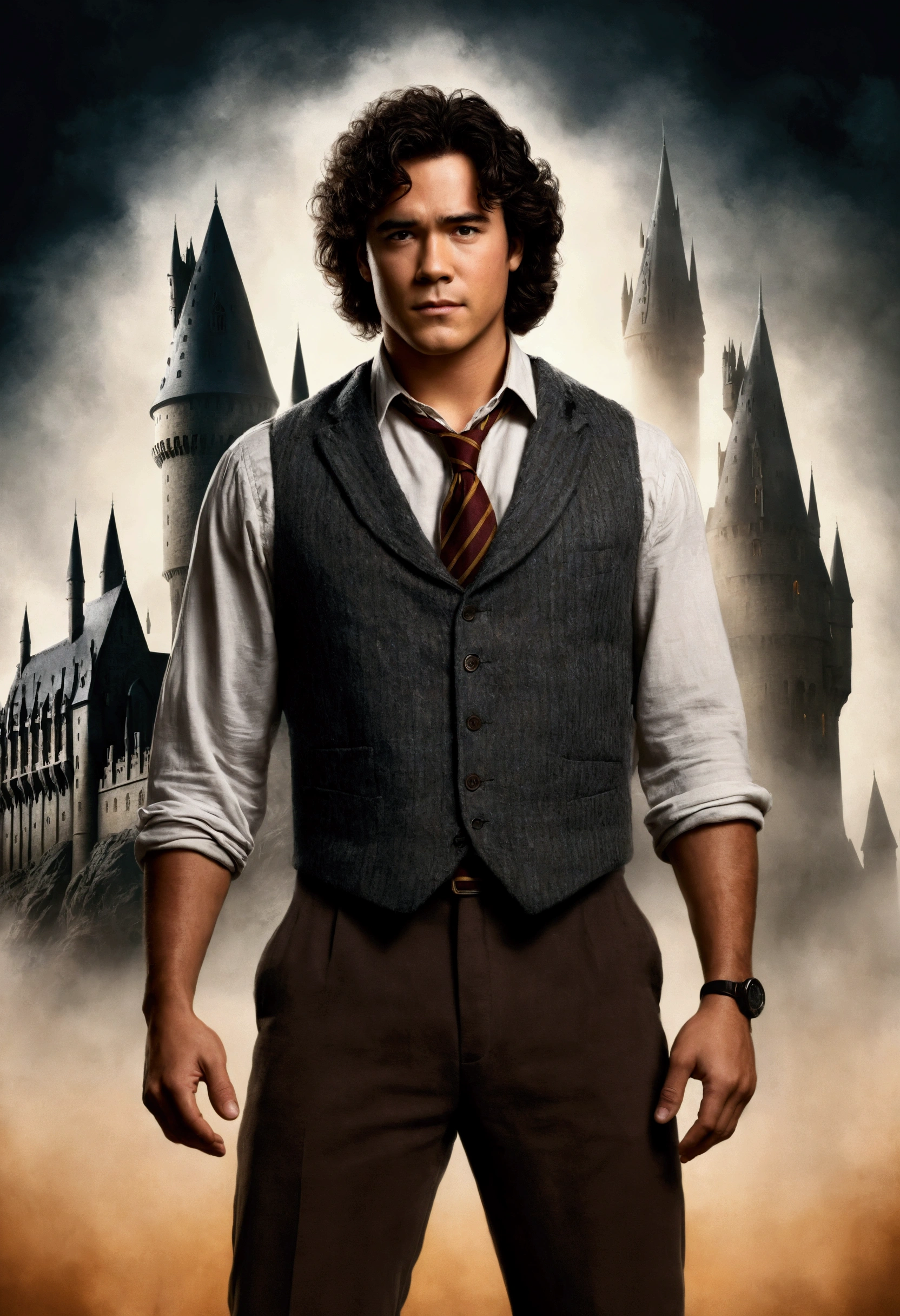 An illustrated movie poster, hand-drawn, full color, a Hogwarts Professor, 21 years old, male, brown eyes, brown-black hair, voluminous curly mane, suntan complexion, medium height, broad shoulders, stocky frame, muscular, rugged scruffy appearance, lots of body hair, resembles Dean Cain, wearing a tweed vest and slacks, Standing in front of Hogwarts Castle, surrounded by mist, hard shadows, graphite shading, stencil marks, airbrushed acrylic paint, masterpiece, in the style of the Deathly Hallows