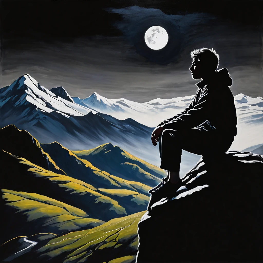 read with understanding "stoic leap" paint on a black background in white, facial expression A person sitting in a meditative position on a mountaintop, looking into the distance. The figure is shadowed, and in the background be creative