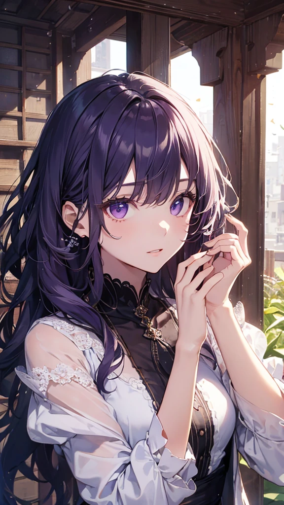 masterpiece、Highest quality、High resolution、High-quality images、8k, 、Skin Radiance、Texture of skin and clothing、Expression of fine eyes、Purple Hair、Purple Eyes、A girl with her bangs cut、dress, Fuller lips, Gorgeous face with attention to detail, Hanging eyes、charm, Innocent, (Perfectly detailed face), (Beautiful Hands) Photorealistic images, Written boundary depth, garden、Lightly wavy hair、daughter、