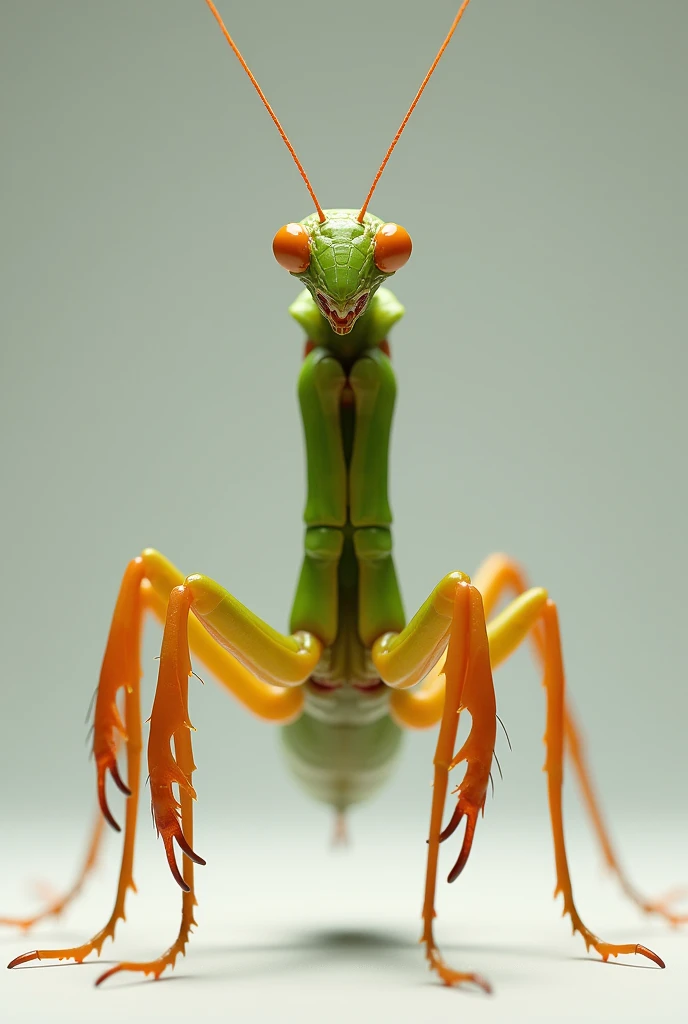 Draw a praying mantis, its entire body is green but with elongated orange legs, and has orange crab-like claws 
