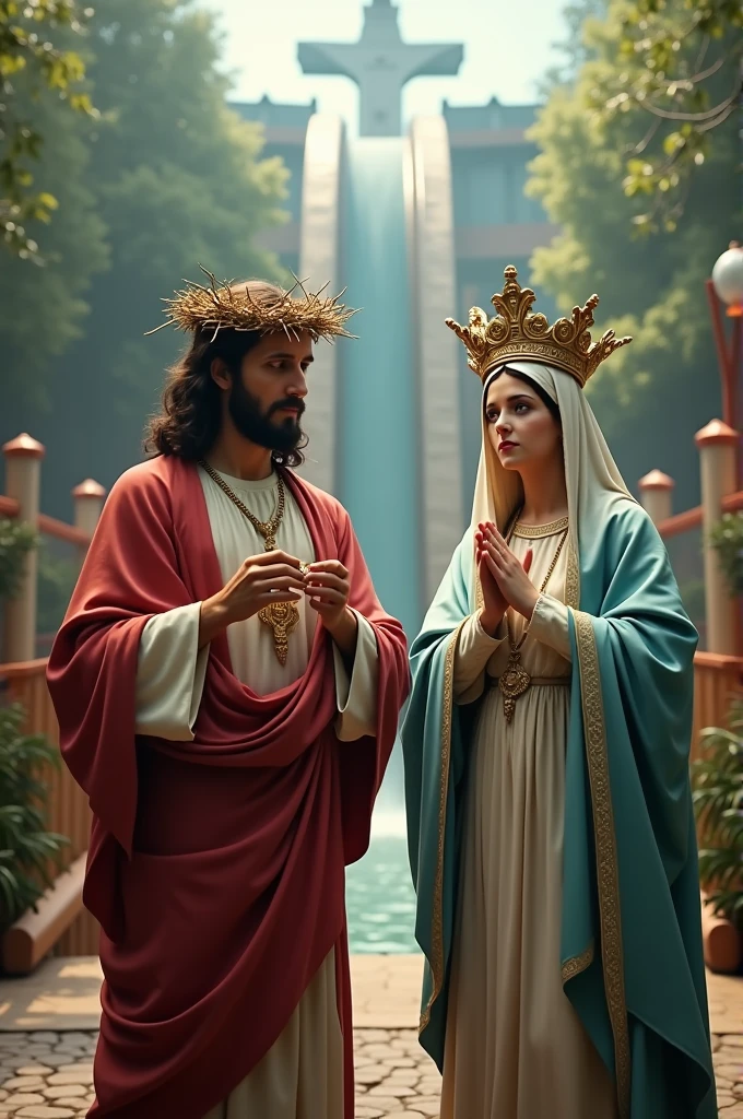 Jesus Christ and Mary's theme park log flume photograph. Jesus is wearing a crown of thorns with the words 'Alton Towers' logo.