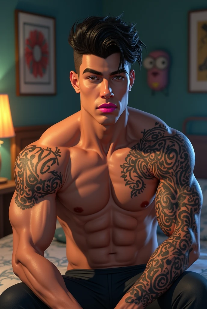 a young man AI high quality muscular tattoo with name “ruy” tanned skin piercing gaze pink mouth with realistic animated bedroom background