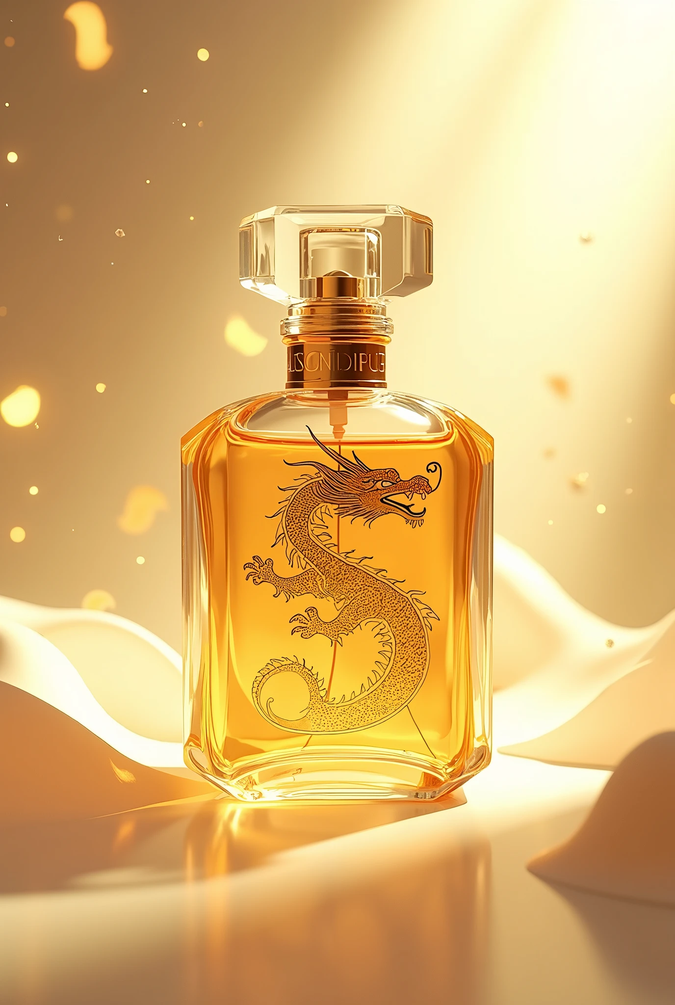 perfume commerical ad , golden perfume flying with logo of chinese dragon , white background ,3D , cinematic atmosphere , dramatic lighting 