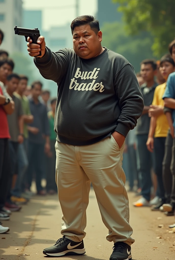 (make me a hyper realistic photography HD 18K photo showing a handsome Indonesian man with yellow skin, neat side part hair, stocky and sturdy body, slightly fat, wearing a crewneck sweater with the words "Budi trader" in a complicated font style, cream chino pants and black and white nike shoes. the man appears to be standing casually while putting his left hand in his pants pocket and his left hand is holding a walther PPK while aiming at the target in front of him. in the background there are many people looking at the man around him.