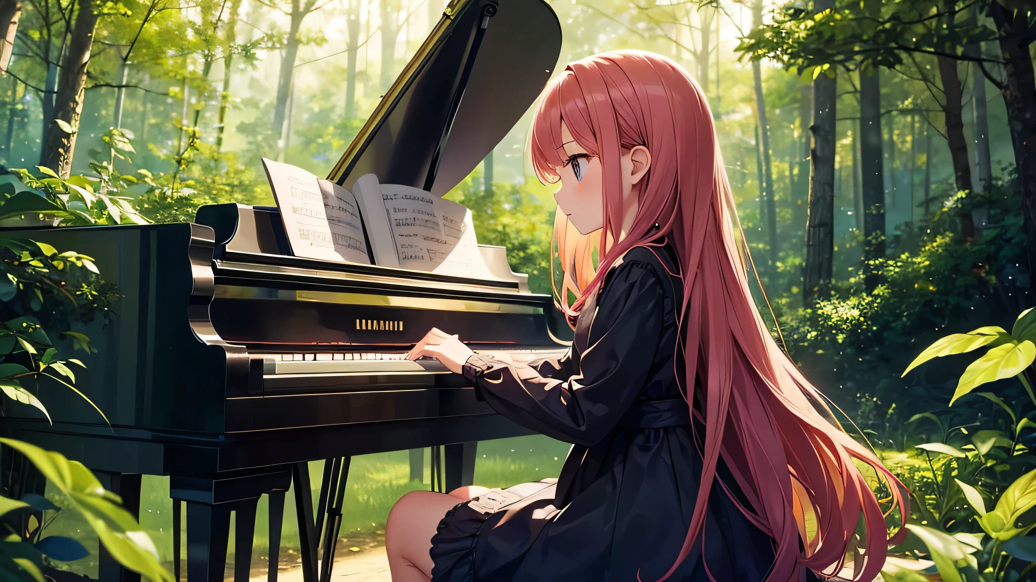 10 year old girl playing the piano, in front of the piano, in the forest, profile position, full body design, beautiful colorful dress, anime style. Perfect lighting. Perfectly defined details of the face and body.