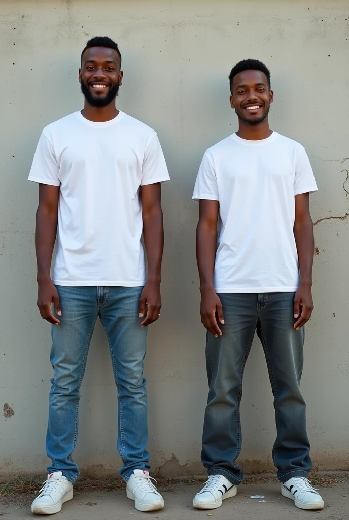 Create a split-image of the same light skinned 21 years old Ethiopian man shown side by side against a messed up wall as a background to illustrate a before and after transformation. In the 'before' image on the left, depict the man as shorter and wearing a plain white T-shirt and jeans. In the 'after' image on the right, show the same man taller, with no change in physique, wearing the same white T-shirt but with casual pants instead. Both images should have the man smiling and looking directly at the camera, with a noticeable difference in height and little difference on presence. The background should be the same for both pictures and minimalist with natural lighting, highlighting the transformation. Make the picture realistic