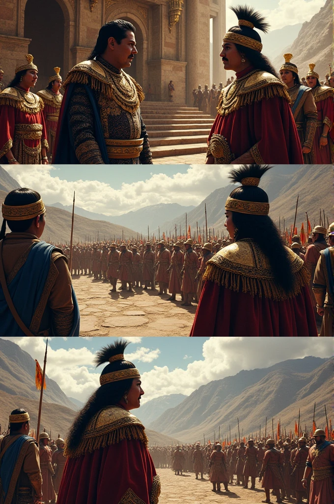 Here are 10 prompts structured according to your request:
1. **Characters**: Huayna Cápac y sus hijos Huáscar y I knowalpa **Epic Description**: a tense scene **outfit**: Inca imperial clothing with feathers and gold **place**: in a royal hall in Cusco **action**: They discuss the succession to the throne **bottom**: stone walls and Inca decorations **Flat**: foreground **style**: Comic, hyper-ancient, prototype realism, cinematography.
2. **Characters**: Francisco Pizarro y I knowalpa **Epic Description**: a crucial confrontation **outfit**: Spanish armor and Inca royal attire **place**: in the square of Cajamarca **action**: Pizarro captura a I knowalpa **bottom**: Spanish troops and Inca warriors surrounded by mountains **Flat**: Medium shot **style**: Comic, hyper-ancient, prototype realism, cinematography.
3. **Characters**: Inca warriors and Spanish soldiers **Epic Description**: a fierce battle **outfit**: Spanish armor and Inca battle suits **place**: on the slopes of a mountain **action**: They fight with swords and spears **bottom**: Andean mountains under a cloudy sky **Flat**: plano general **style**: Comic, hyper-ancient, prototype realism, cinematography.
4. **Characters**: Not even Inca **Epic Description**: leading a desperate resistance **outfit**: Inca leader's armor and attire **place**: in the ruins of Vilcabamba **action**: defends his position with determination **bottom**: Inca ruins shrouded in mist **Flat**: foreground **style**: Comic, hyper-ancient, prototype realism, cinematography.
5. **Characters**: Inca chasquis **Epic Description**: They run with urgent messages **outfit**: traditional clothes of Inca runners **place**: along the Inca Trail **action**: Deliver crucial messages during the civil war **bottom**: mountain landscape with a cobblestone road **Flat**: Medium shot **style**: Comic, hyper-ancient, prototype realism, cinematography.
6. **Characters**: I know