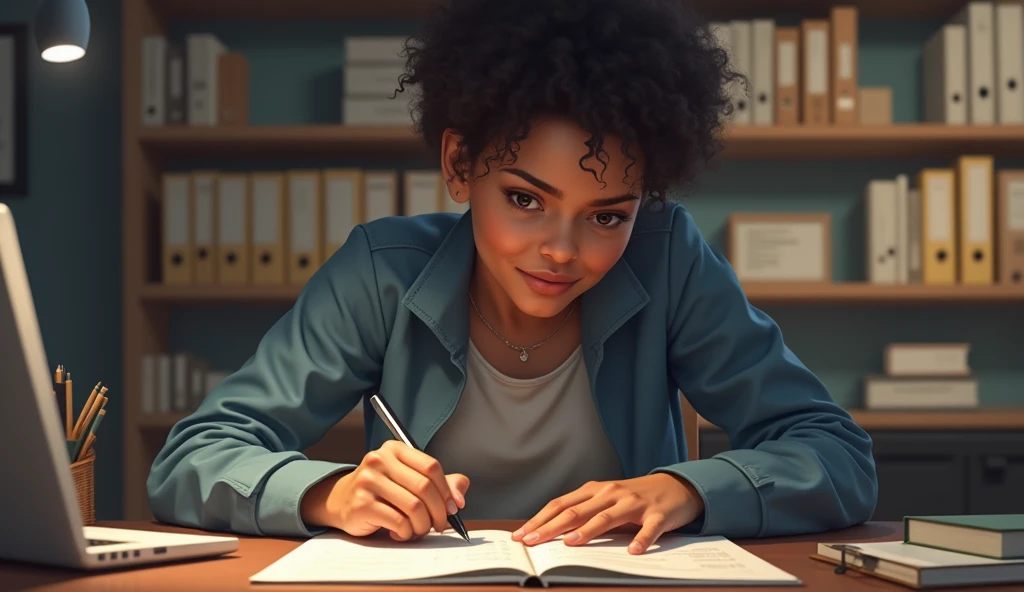 a person writing, crossing off goals from a list, staying focused despite distractions.